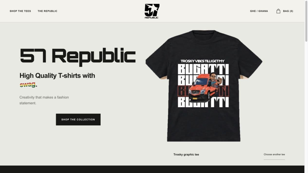 57REPUBLIC storefront featuring a Trosky graphic T-shirt