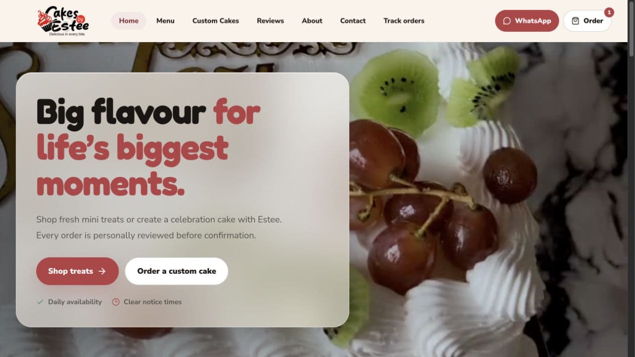 Cakes by Estee storefront with its cake collection and ordering journeys