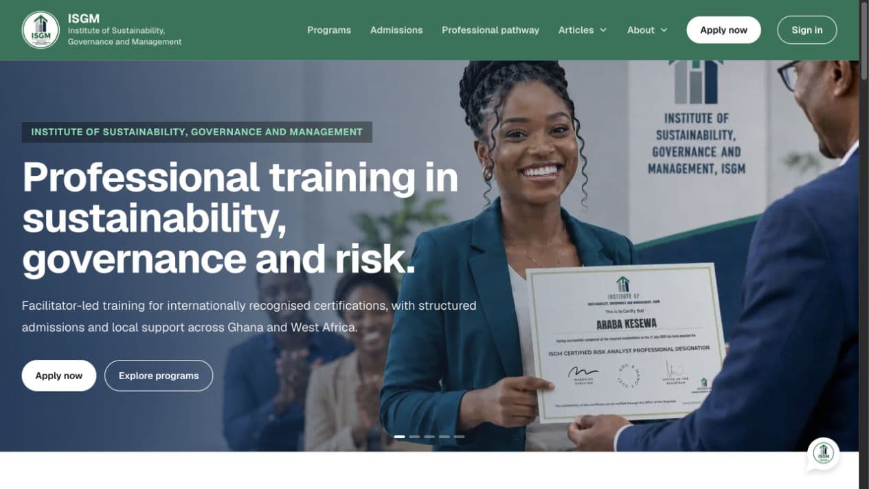 ISGM homepage showing a smiling woman receiving her certificate